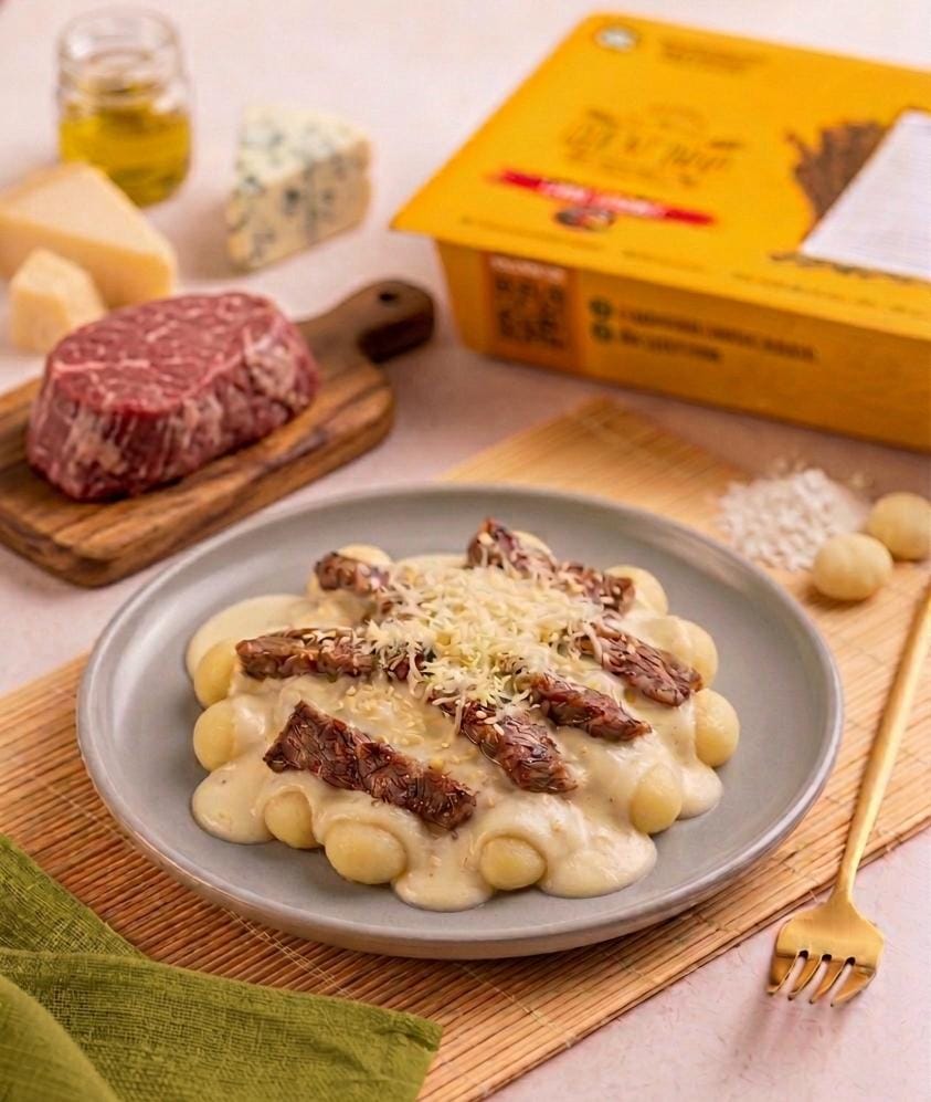 Nhoque ao molho quatro queijos e iscas de filé mignon