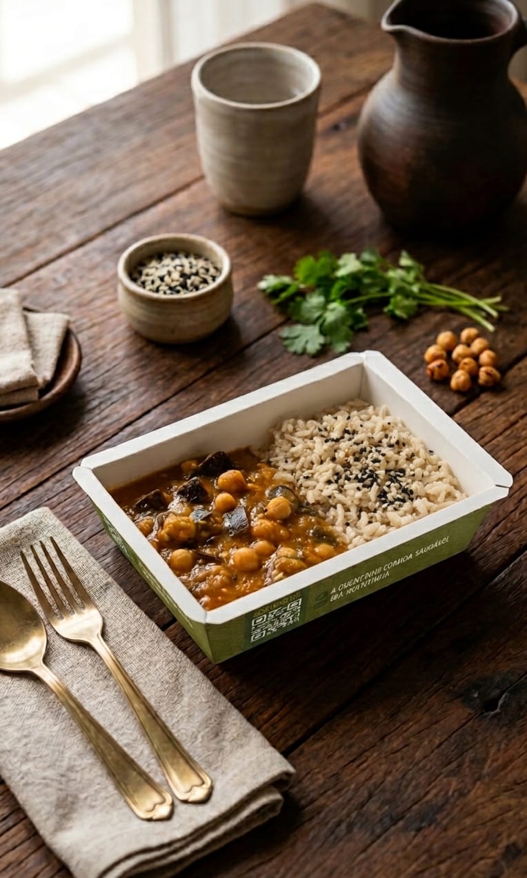 Strogonoff berinjela e grão-de-bico e arroz integral - VEGANA
